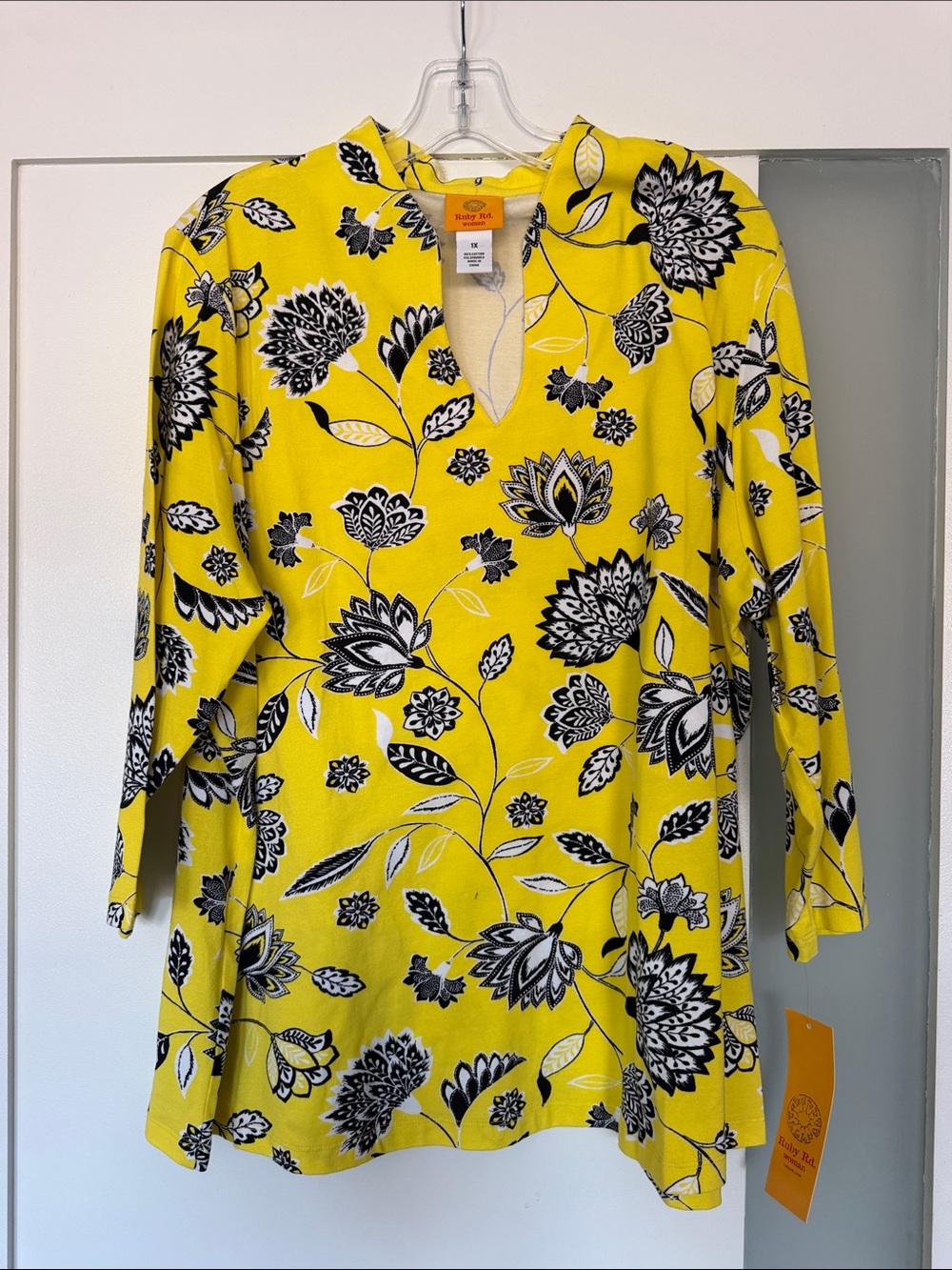 Ruby Rd. Yellow Floral Long-Sleeve Tunic with Black & White Accents